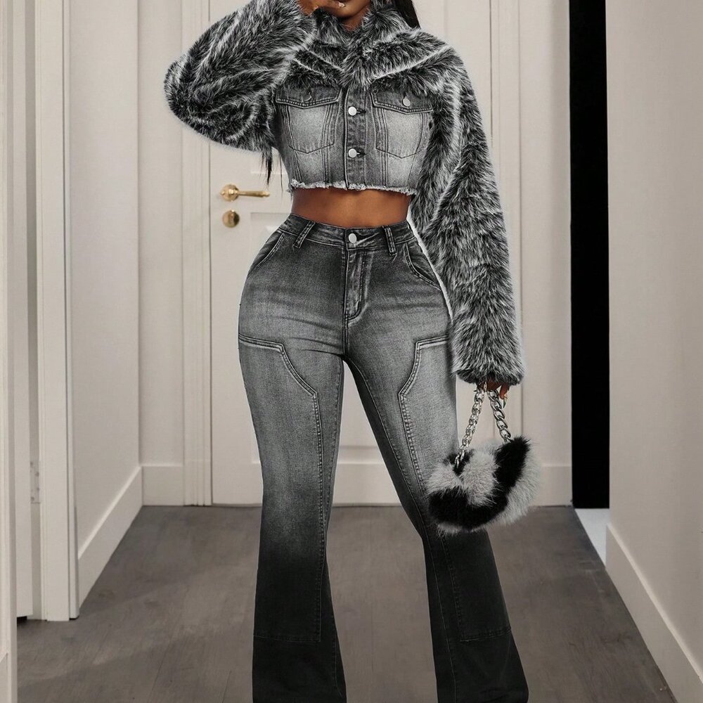 Casual Blue Women's Patchwork Denim Jacket with Faux Fur Collar - Picture 6 of 7